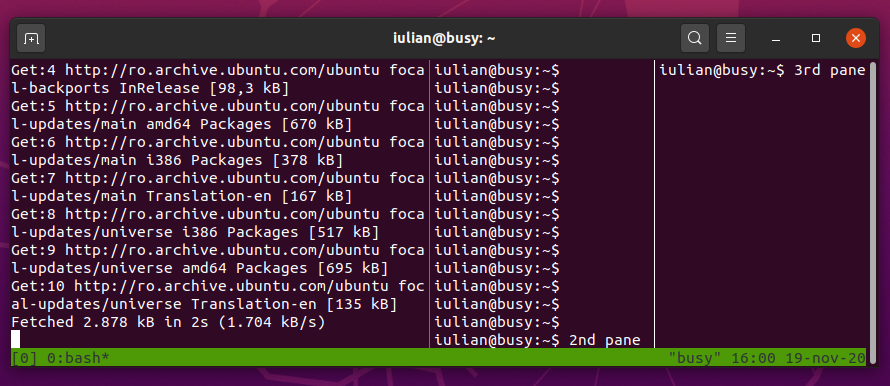 Creating and manging panes in tmux - Ubuntu 20.04.1 desktop